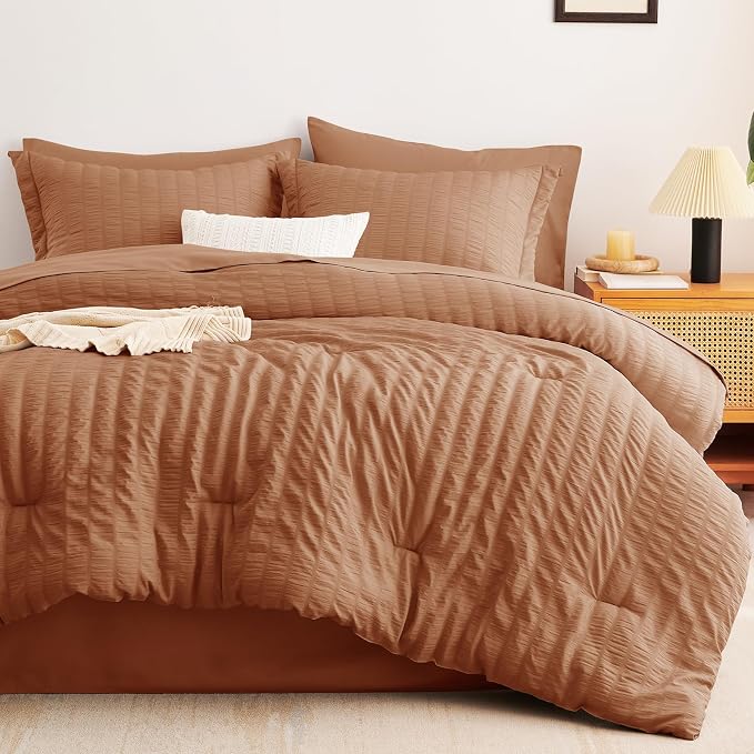 CozyLux Queen Comforter Set Pumpkin Seersucker 7 Pieces Bed in a Bag Queen - Image 9