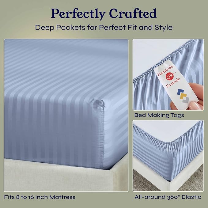 California Design Den Cotton Sateen Damask Stripe King Size Fitted Sheet Only - Image 6