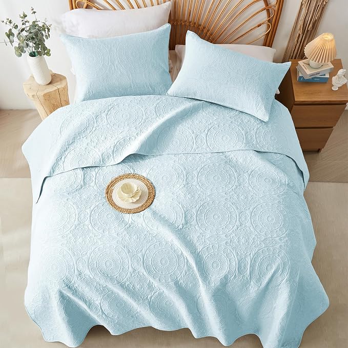 WURUIBO Sky Blue Quilt Set Twin Size, Embossing Microfiber Bedspreads - Image 8