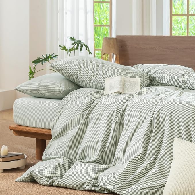 MooMee Striped Duvet Cover Set 100% Washed Cotton Linen Like Textured - Image 8