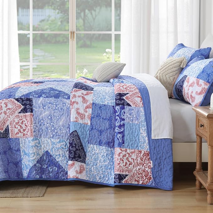 Mybedsoul Blue Patchwork Queen Size Quilt, Cozy Boho Floral Spring Bedspreads - Image 5