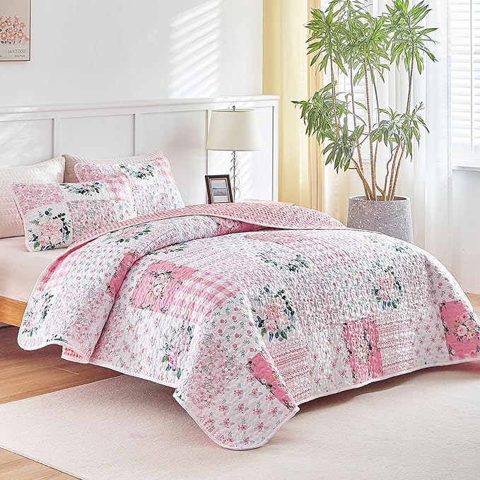 Joyreap 3 Pieces Floral Patchwork Quilt Set Queen, Soft n Cozy Microfiber Quilt - Image 2