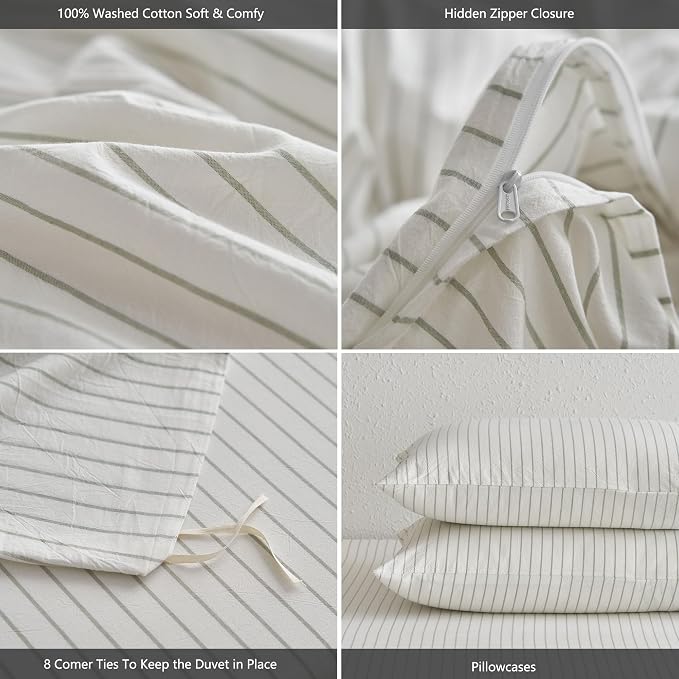 MooMee Striped Duvet Cover Set 100% Washed Cotton Linen Like Textured - Image 6