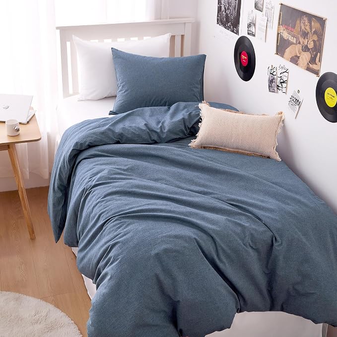 Wake In Cloud - Cotton Duvet Cover Set, Twin Size, Chambray Denim Blue by WakeInCloud