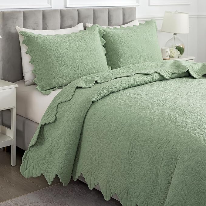 Brandream Luxury King Quilt Set Cotton Sage Green Floral Vine Stitching - Image 6