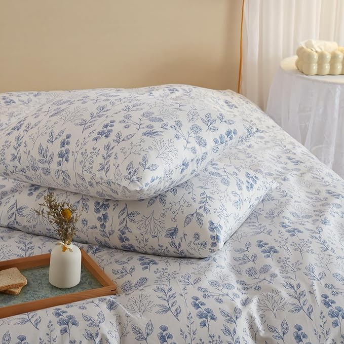 mixinni Girls Blue Flower Leaves Pattern on White Duvet Cover Twin Size Soft - Image 7