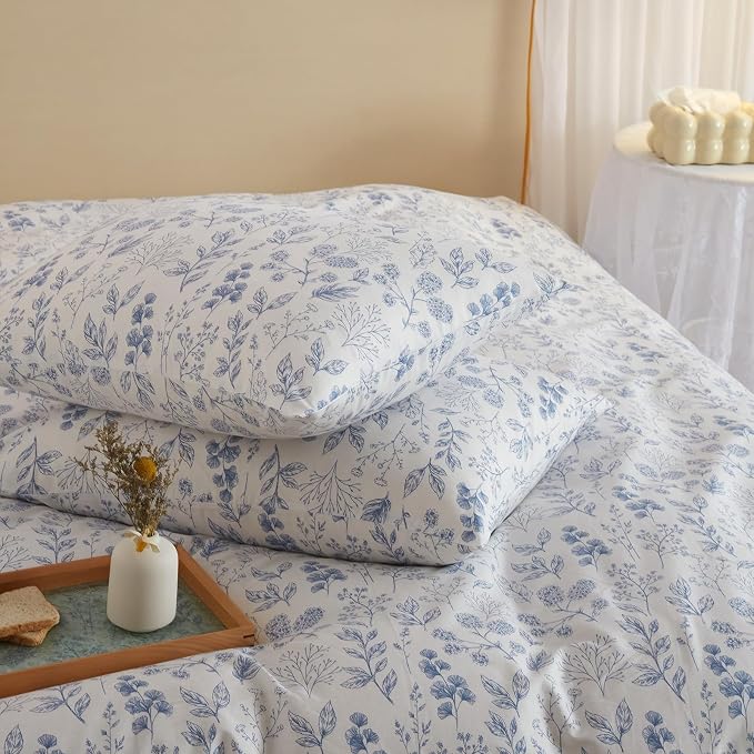 mixinni Small Floral Print Duvet Cover Queen Blue Flower Leaf Duvet Cover Set - Image 7