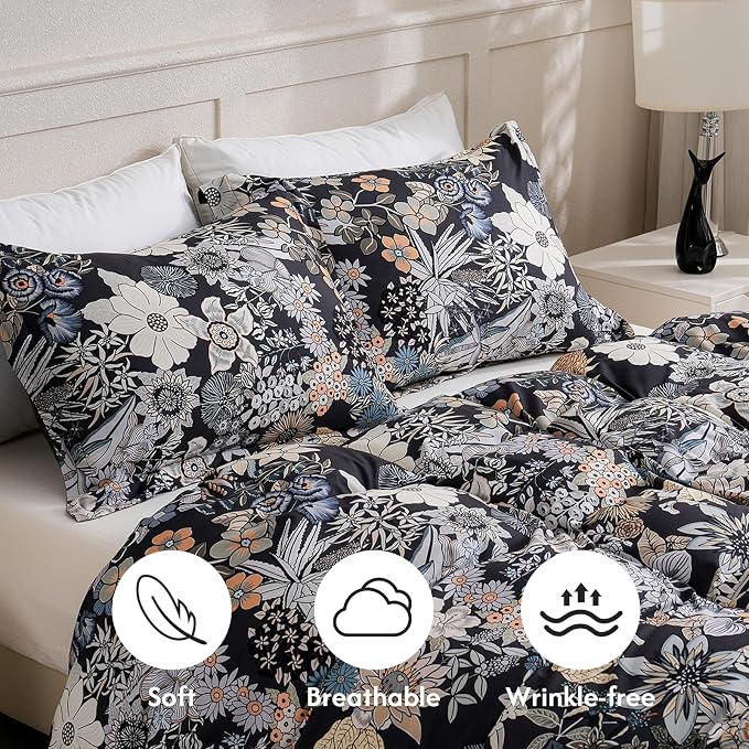 LONAVA Queen Flower 3 Pcs Duvet Cover Set, Breathable Soft Microfiber Black - Image 3