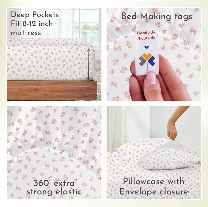 California Design Den Twin Floral Sheet Set, 100% Cotton 12" Pocket Twin Sheets - Image 7