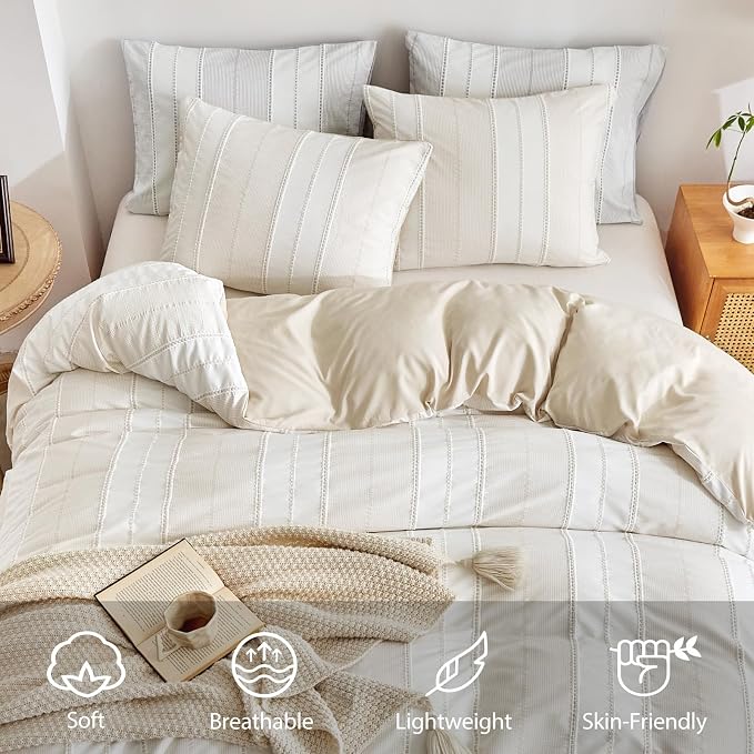 WARMDERN Khaki Striped Weave Duvet Cover Queen Size, Microfiber Textured - Image 3