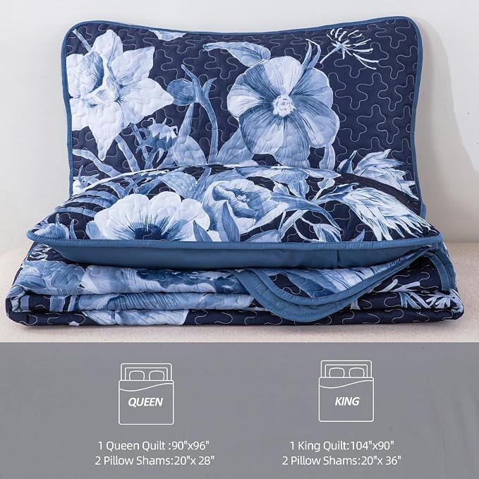 Floral Quilt Set King 3 Pieces Navy Blue Floral Quilt Coverlet Set Soft - Image 7