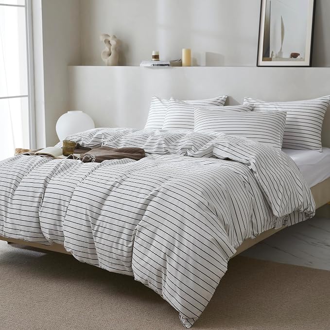 JELLYMONI 100% Natural Cotton 3pcs Striped Duvet Cover Sets, - Image 4