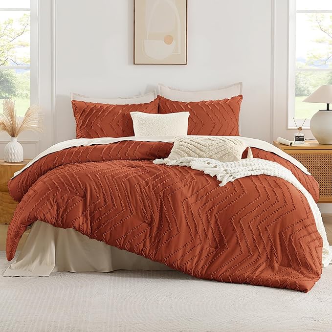 Andency Burnt Orange Comforter for Queen Size Bed, Boho Terracotta Soft Warm - Image 2