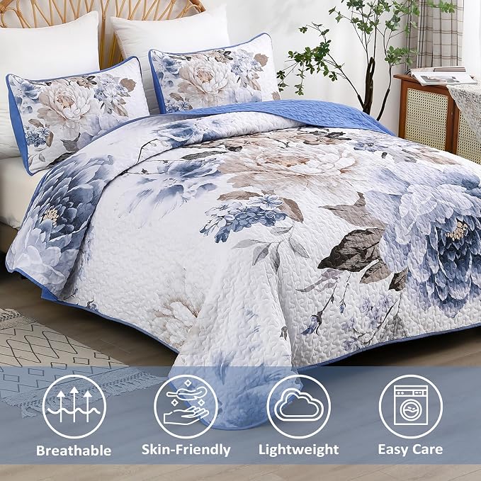 WONGS BEDDING Floral Quilt Set 3 Pieces Blue Quilted Printed Bedspreads Bedding - Image 3
