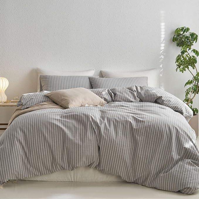 MooMee Striped Duvet Cover Set 100% Washed Cotton Linen Like Textured by MOOMEE