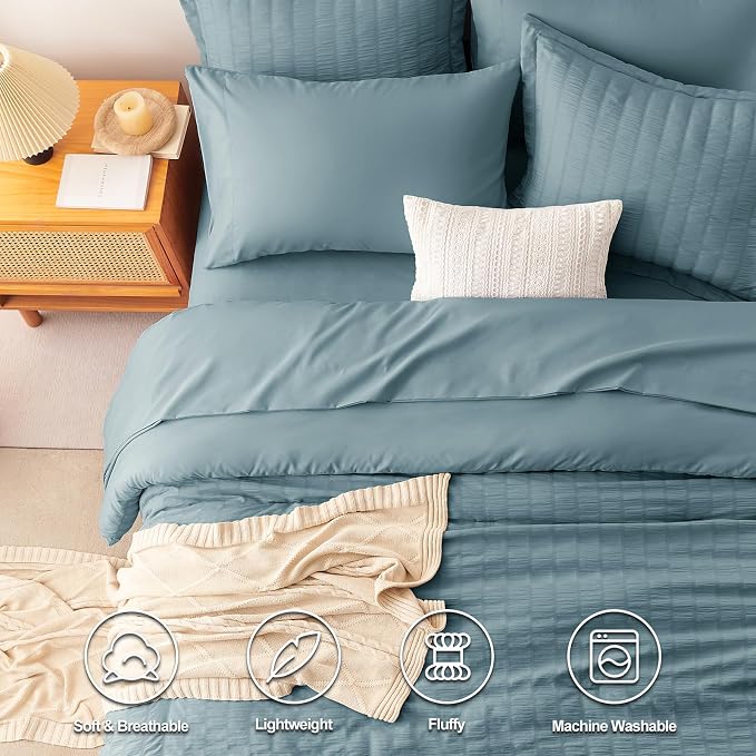 CozyLux King Size Comforter Set Mineral Blue Seersucker 7 Pieces Bed in a Bag - Image 2