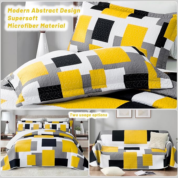 Tyrot 3 Piece Yellow Grey Quilt Set Full/Queen Size Yellow Gray White Geometric - Image 3