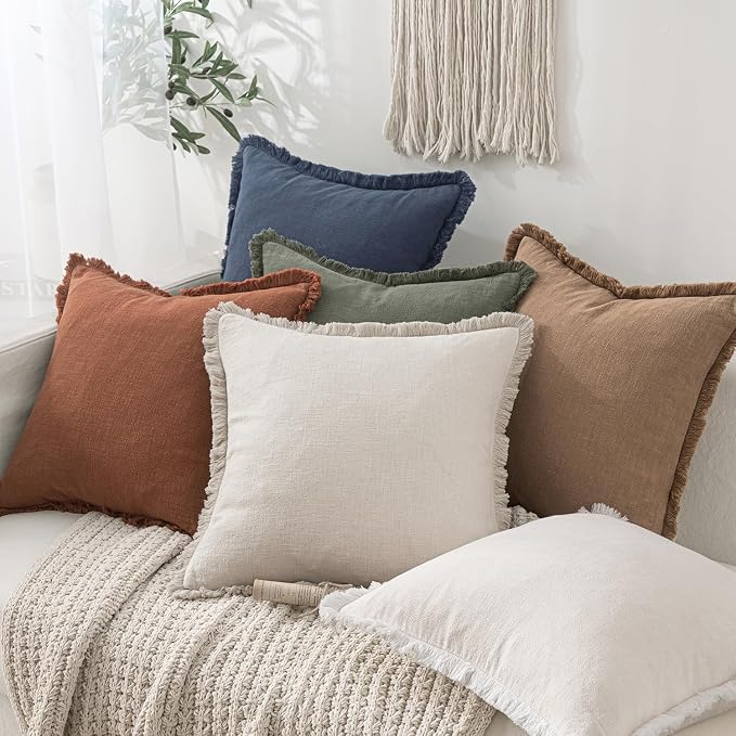 MIULEE Decorative Throw Pillow Covers Neutral Linen Fringe Throw Pillows Set of - Image 6