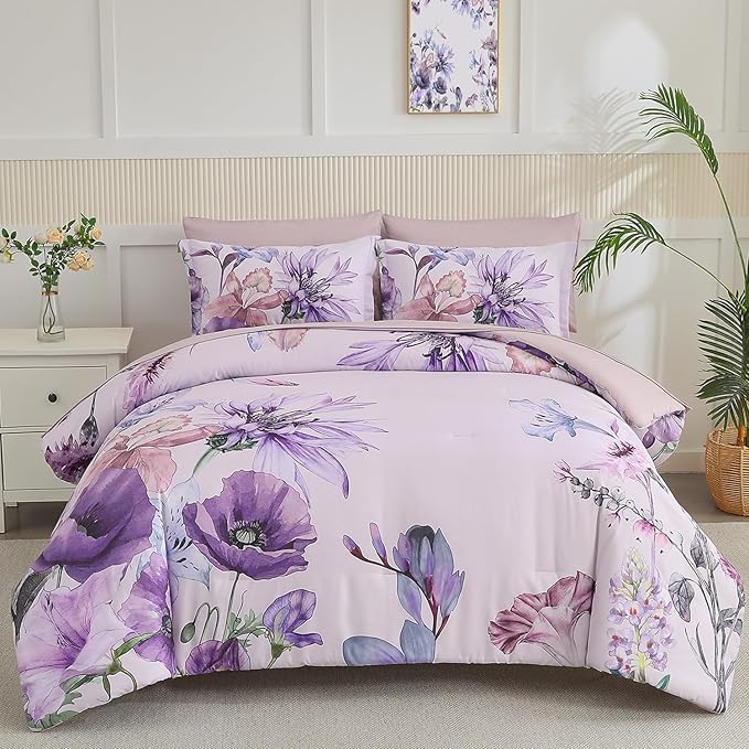 Yogeneg King Size Comforter Set 7 Piece Bed in a Bag, Elegant Floral Botanical by YOGENEG