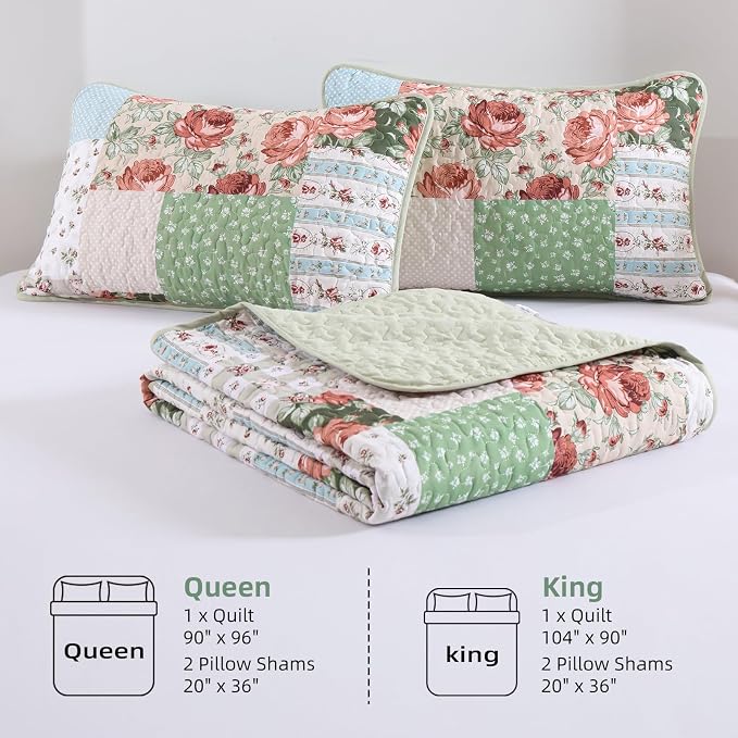 Anibedding Green Patchwork Quilt Set King Size, Bohemian Red Flower Green Plaid - Image 7