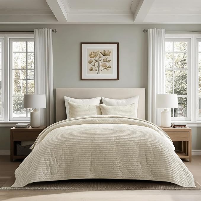 EVERGRACE Velvet Quilt Set King Size, Luxurious Soft Striped Channel Bedding Set by EverGrace
