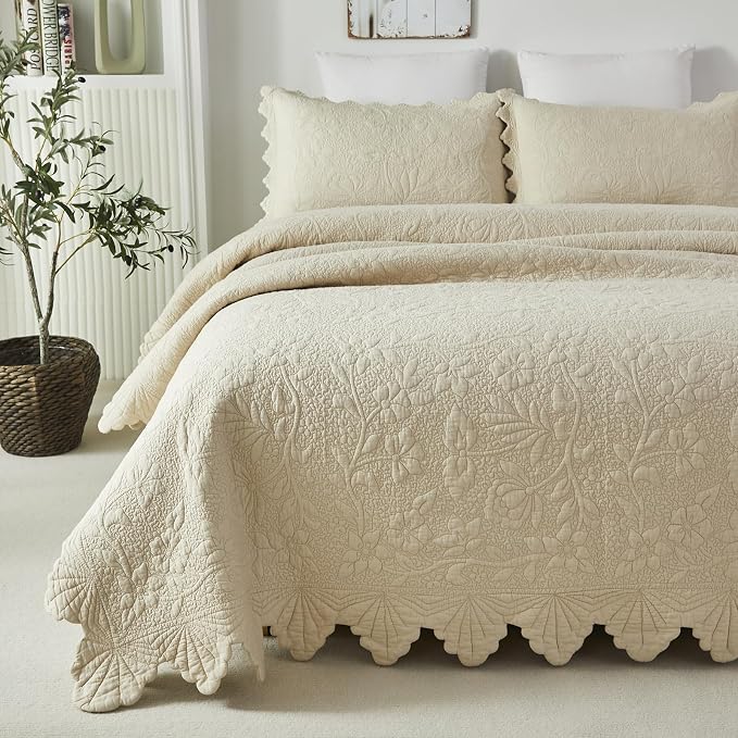Brandream Queen Size Quilt Set Cotton Beige Quilts Luxury Farmhouse Bedding Set - Image 8