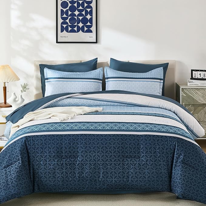 WONGS BEDDING Navy Blue King Comforter Set 7 Pieces, Boho Striped Bed in a Bag - Image 8