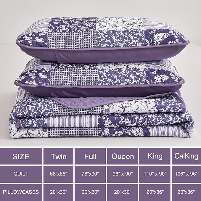 Mybedsoul Purple Quilt Set Twin Size, 2 Pieces Plaid Floral Bedspread Set - Image 5