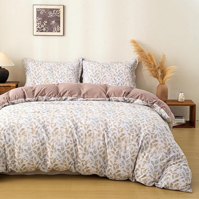 OAITE Coffee Leaves Twin Size Duvet Cover-3 Pieces Prewashed Cotton-Like by OAITE