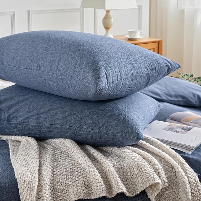 NEXHOME PRO Duvet Cover Full 100% Washed Cotton, Heathered Blue Breathable - Image 5