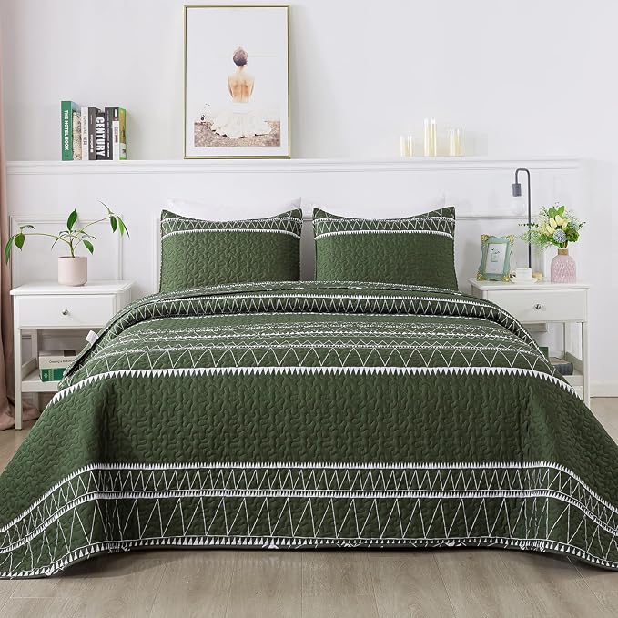 Andency Green King Size Quilt Set, 3 Pieces Boho Lightweight Soft Striped by Andency