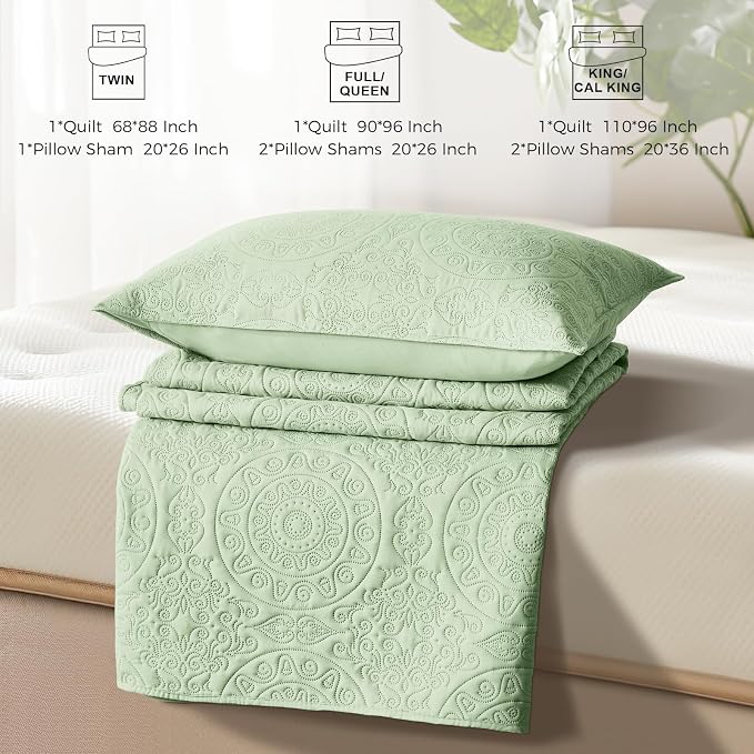 WURUIBO Light Green Quilt Set Queen Size, Embossing Microfiber Full Bedspreads - Image 7