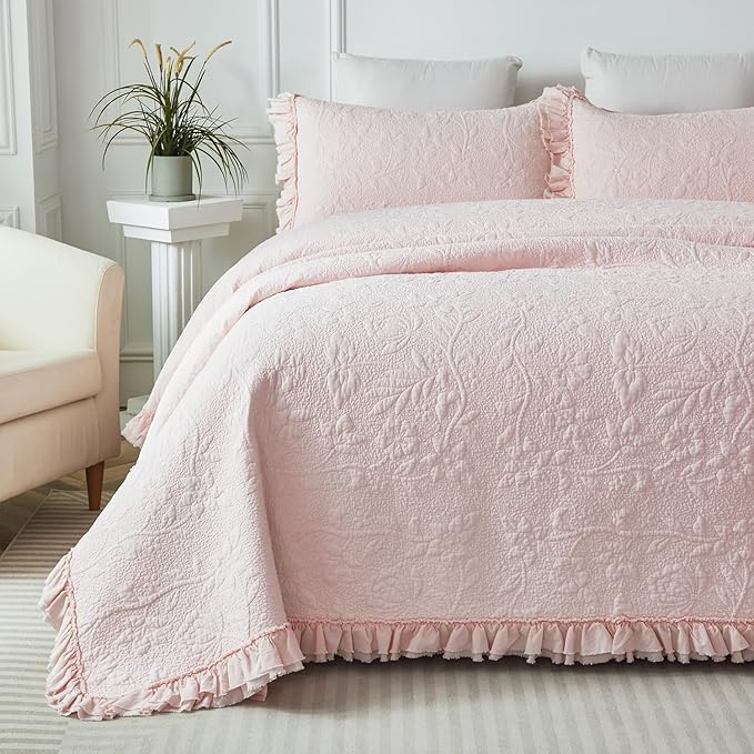 Brandream Light Pink Quilt Set King Size Cotton Shabby Chic Bedding Matelasse by Brandream