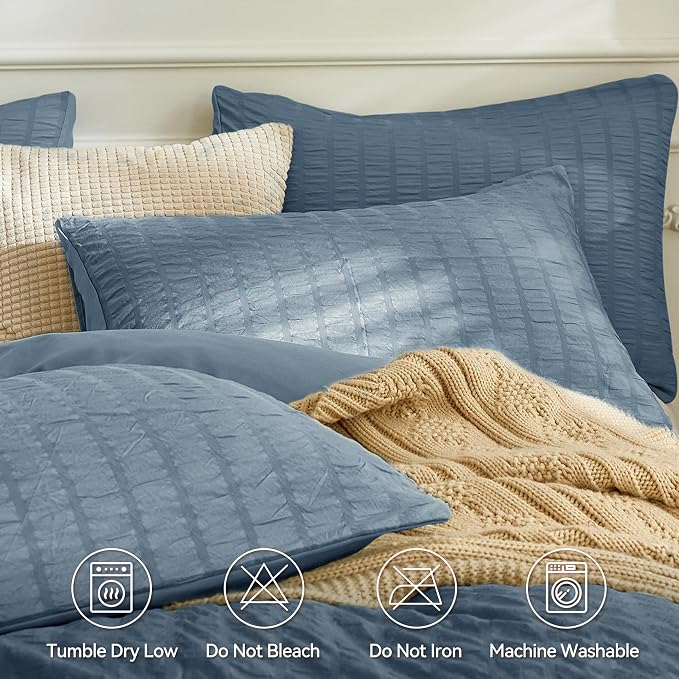 JELLYMONI Sierra Blue Duvet Cover King Size, Soft Breathable Seersucker Duvet - Image 4