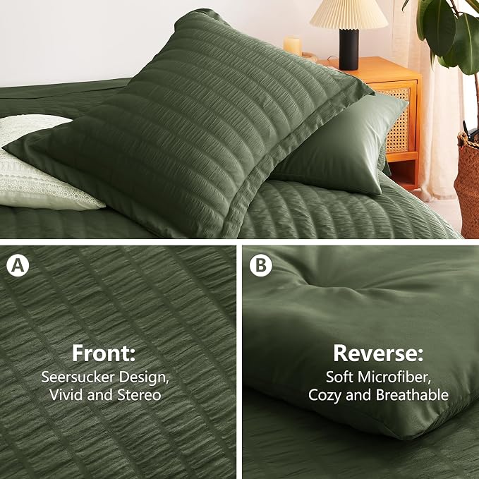 CozyLux Queen Comforter Set Olive Green Seersucker 7 Pieces Bed in a Bag Queen - Image 4