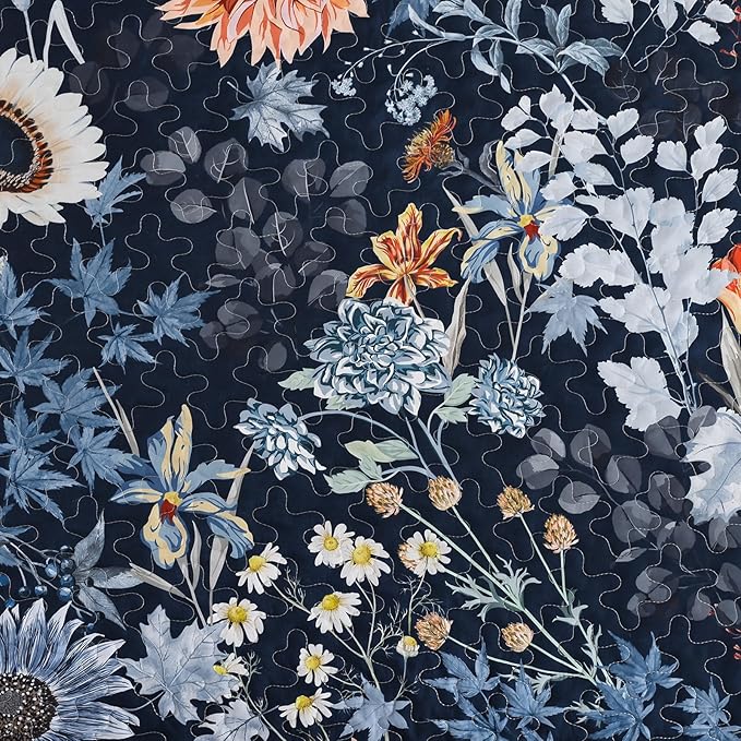 Yiran Navy Blue Sunflower Floral Quilt Set King Size, Botanical Colorful - Image 5