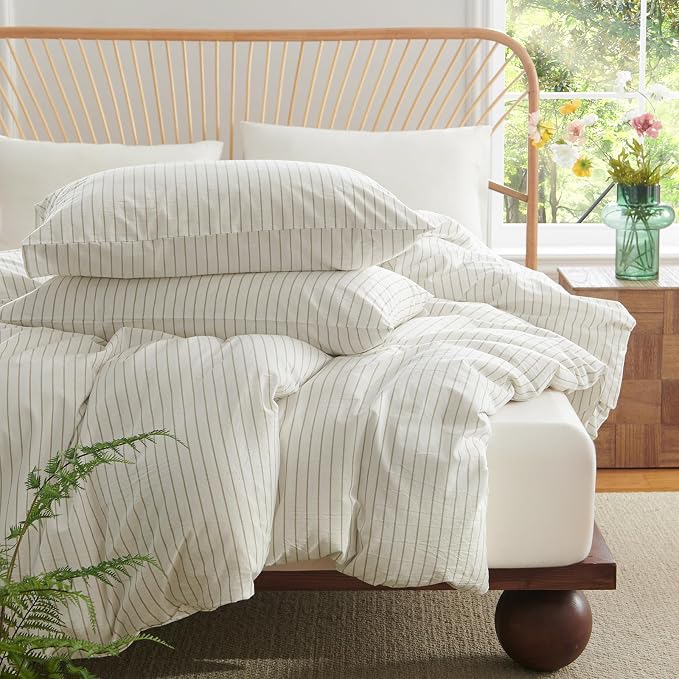 Nayoroom Striped Duvet Cover Queen Size 100% Washed Cotton White Brown Stripe - Image 5
