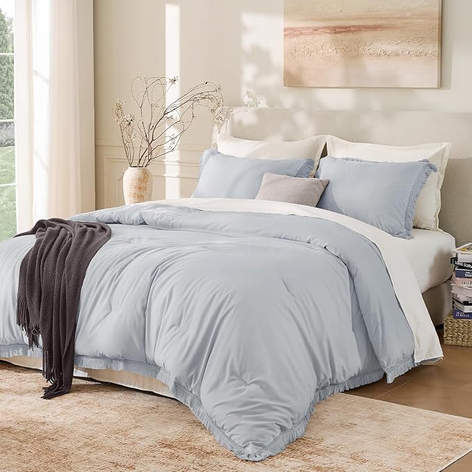 Andency Light Grey Comforter Set Queen, 3 Pieces Boho Tassel Lightweight by Andency