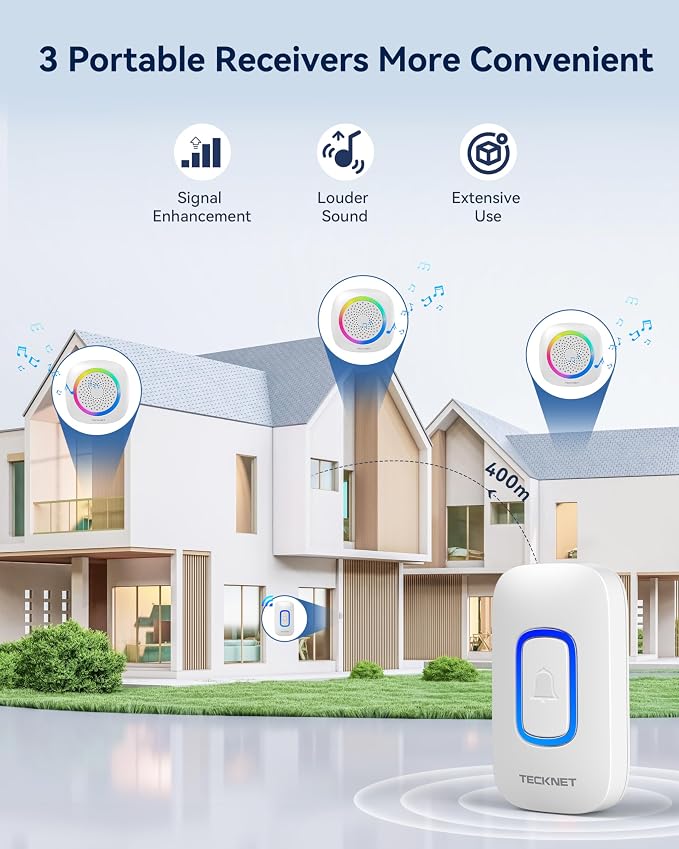 TECKNET Wireless Doorbell with 3 Portable Doorbells with RGB Light, Battery - Image 2