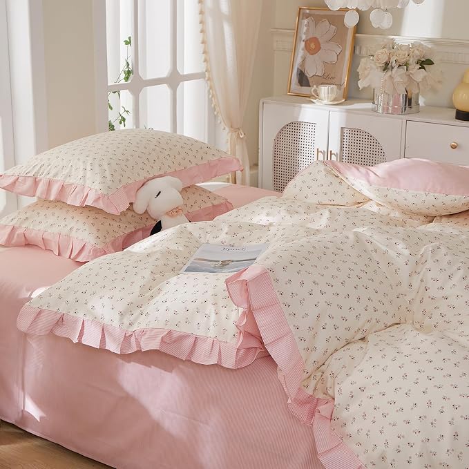 mixinni Pink Floral Duvet Cover Set Twin XL Size – 100% Cotton Ruffle Lace - Image 7