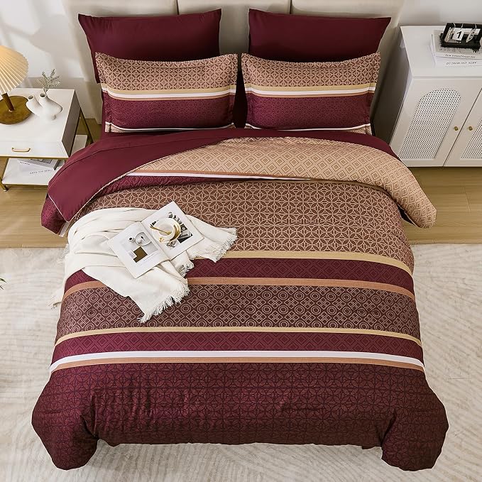 WONGS BEDDING Burgundy Comforter Set King Size, 7 Pieces Maroon Striped Bed in - Image 4
