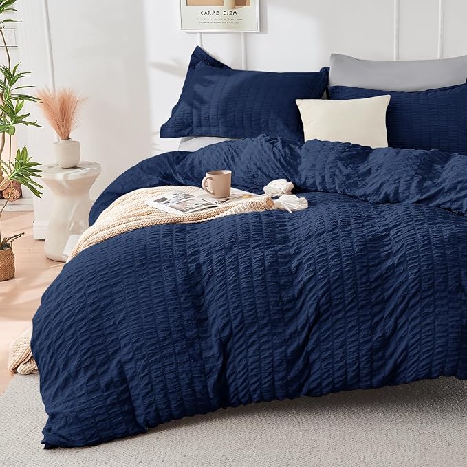 HYMOKEGE Navy Blue/Light Grey Twin XL Comforter Set Seersucker 5 Pieces - Image 2