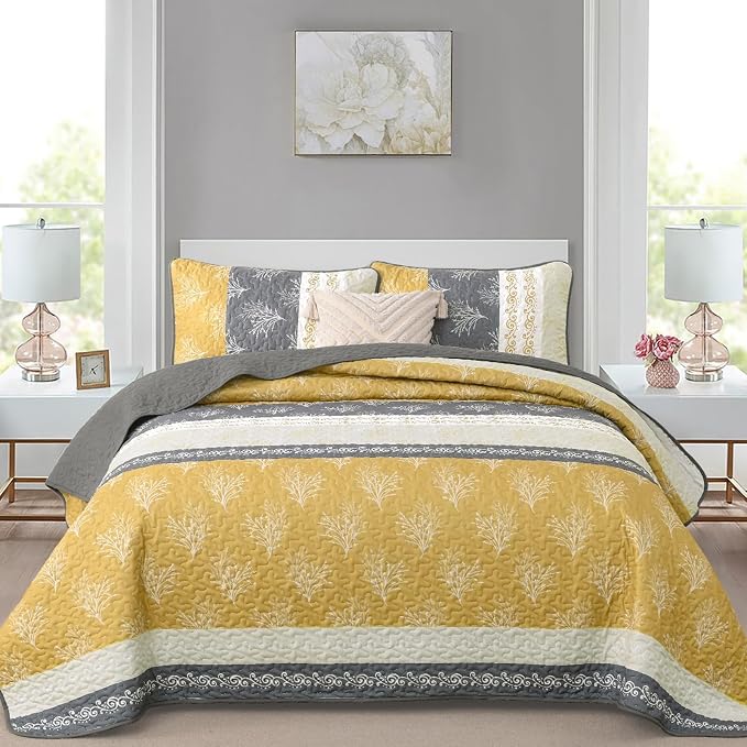 DJY Yellow Boho Quilt Set King Size, Striped Floral Yellow and Grey Bedspread - Image 2
