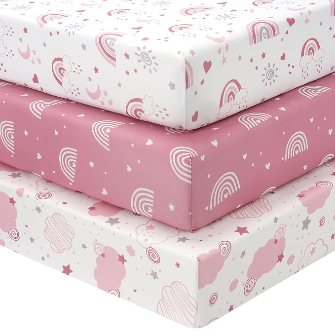 Baby Mini Crib Sheets Girl, Portable 38”x26” Pack and Play Sheets Fitted by FIEMOL