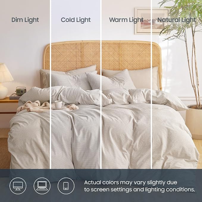 Wake In Cloud - Striped Cotton Duvet Cover Set, 100% Washed Cotton Textured - Image 3