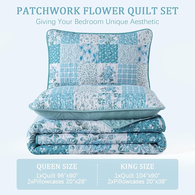Mybedsoul Blue Patchwork Queen Size Quilt, Soft Boho Floral Spring Bedspreads - Image 7