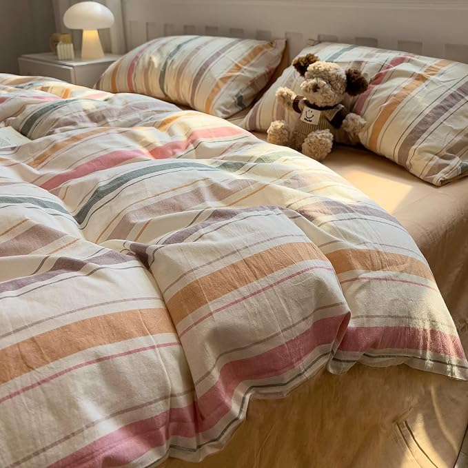 MKXI Washed Cotton Duvet Cover Set Retro Stripes in Autumn Palette 3-Piece by MKXI