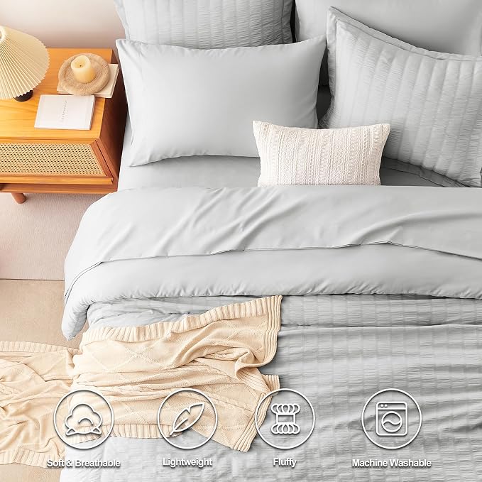 CozyLux Oversized Queen Comforter Set Light Grey Seersucker 7 Pieces 98x98 Bed - Image 2