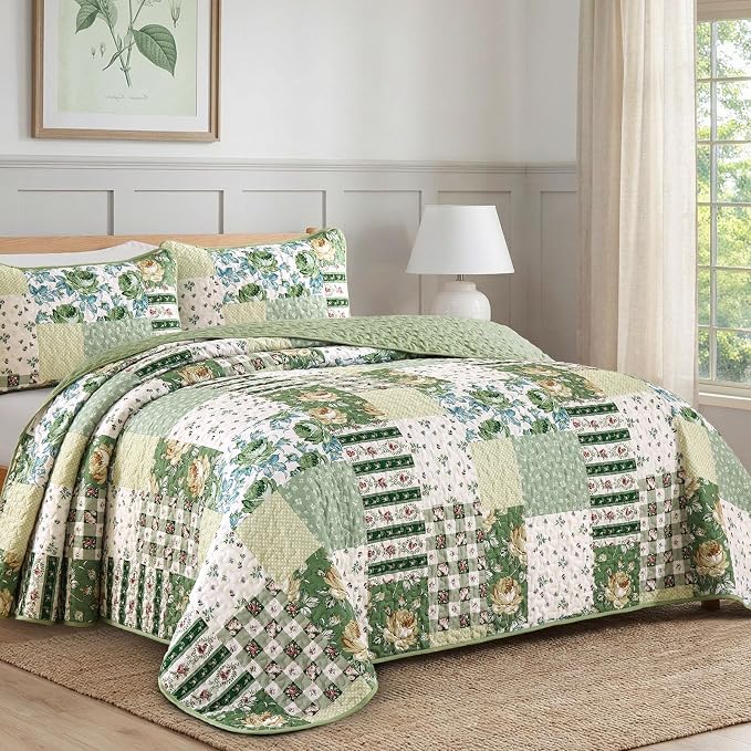 Anibedding Patchwork Quilt Set King Size Sage Green Floral Bedspread Coverlet - Image 2