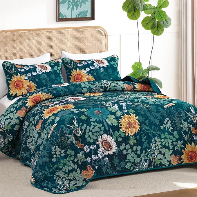 Yiran Peacock Green Quilts Queen Size, Floral Bedspreads Bedding Set, 3 Pieces - Image 2
